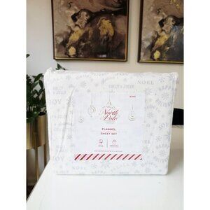 North Pole Flannel King Sheet Set Holiday Christmas 100% Cotton White/Blue NEW